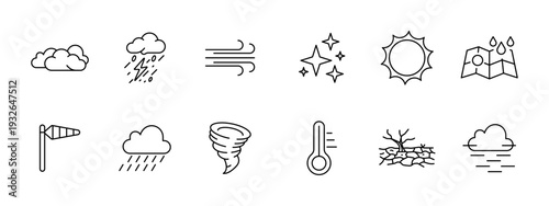 Weather climate forecast set icon. Cloud storm wind sparkle sun map windsock rain tornado thermometer drought fog depict meteorology season atmosphere.