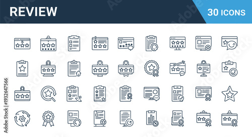 Collection of 30 black and white line icons for review and rating concepts
