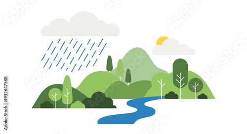 Vector landscape illustration with river, hills, trees, and rain