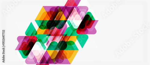 Abstract geometric shapes overlap, creating vibrant colorful pattern. Modern design with translucent elements, simple background.