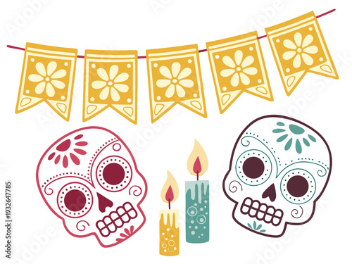Día de los Muertos poster set, day dead with skull on white background. Halloween costume. Cartoon vector illustration. Holiday Muertos