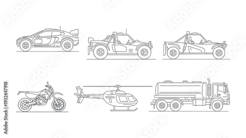 Vehicles Lineup Illustration: A collection of various vehicles, rendered in a clean, minimal line art style, showcasing their distinct designs and features against a pristine backdrop. 