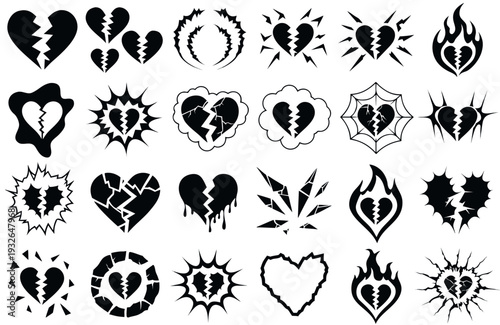 Gothic broken heart icon set for love and valentine s day