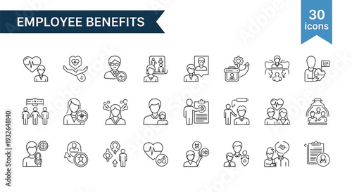 Employee benefits icons and illustrations set for human resources and corporate communications