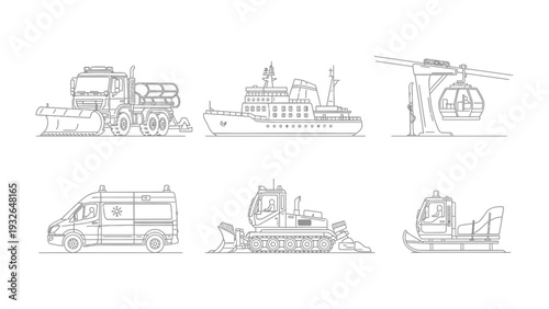 Transportation Line Art Collection: A collection of various transportation vehicles in clean, minimalist line art, suitable for diverse creative projects.