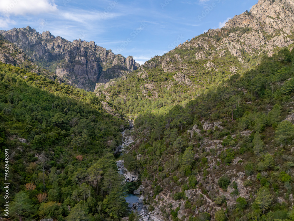 Fototapeta premium Restonica valley river flowing through mountains in Corte, Corsica