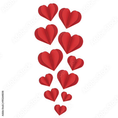 Collection of red hearts in various sizes on transparent background for love and valentines day