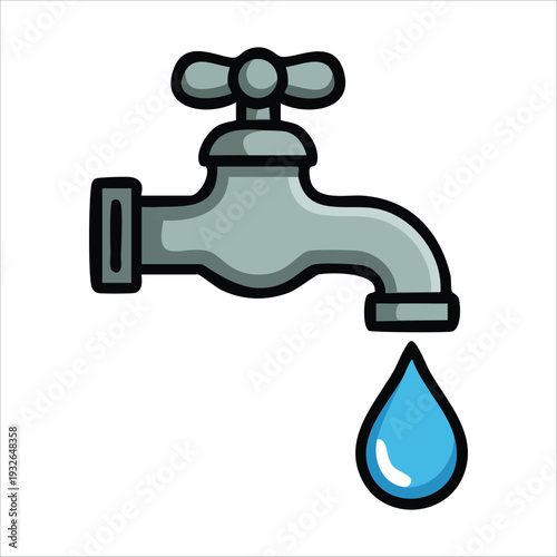 Chrome water faucet with flowing tap handle isolated vector illustration on white background