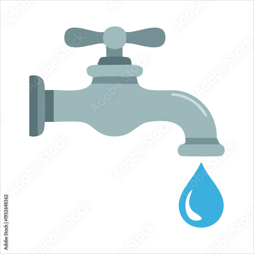 Chrome water faucet with flowing tap handle isolated vector illustration on white background