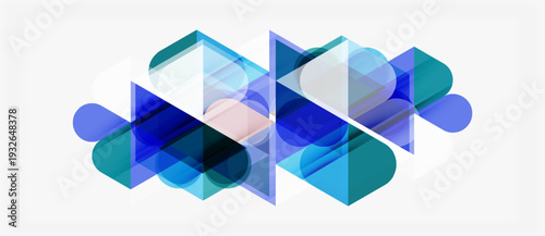 Abstract geometric shapes overlap, creating layered blue tones. Design features transparency, gradients, modern aesthetic.