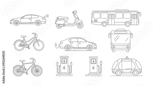 Eco-Friendly Transport: An artistic illustration features a variety of eco-conscious vehicles, emphasizing the innovative shift towards sustainable mobility solutions. 