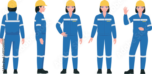 Female Construction Worker Character Set in Safety Helmet and Blue Uniform with Multiple Poses Front Side Back Views