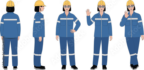 Female Construction Engineer Character Set in Safety Helmet and Blue Workwear with Front Side Back Views Vector Illustration