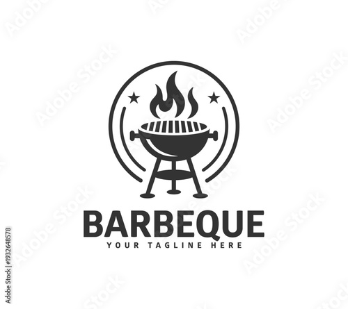 Barbeque grill logo design with flames and stars in a vintage circular frame