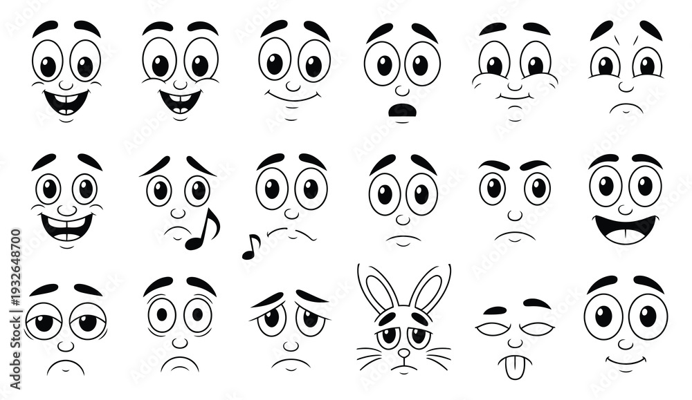 Obraz premium Facial mascot 30s flat vector, vintage cartoon faces, quirky retro characters, laughing animation expression, creator toon face design, neat eye and mouth illustration.