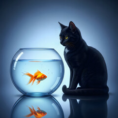 A curious black cat observing an orange goldfish swimming in a glass bowl