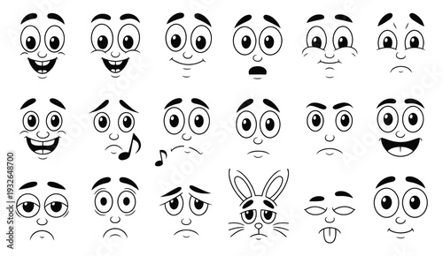 Facial mascot 30s flat vector, vintage cartoon faces, quirky retro characters, laughing animation expression, creator toon face design, neat eye and mouth illustration.