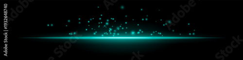 Bright glowing horizon particles composition. Bright horizontal light line, scattered spark dots above, radiant center, dark gradient backdrop, fiery atmosphere, floating embers, luminous glow texture