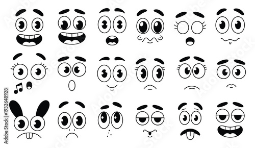 Facial mascot 30s flat vector, vintage cartoon faces, quirky retro characters, laughing animation expression, creator toon face design, neat eye and mouth illustration.