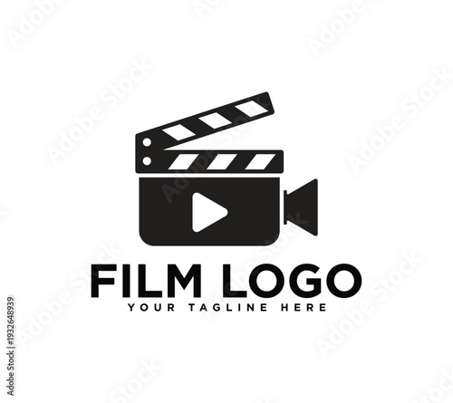 Black and white film logo design featuring a movie camera clapperboard and a play button icon