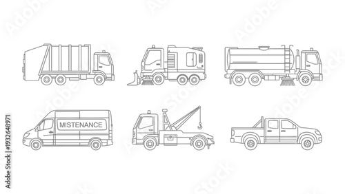 Vehicular Variety: A collection of meticulously drawn commercial vehicles. Each vehicle, rendered in crisp detail, suggests industry and transport. 
