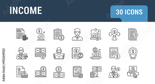 Collection of 30 income related icons in line style