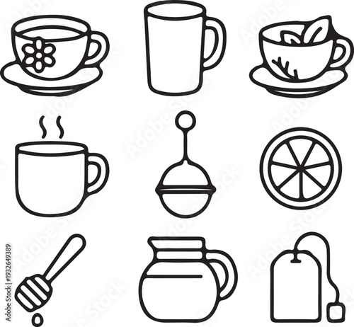 hand drawn beverage tea hot drink cup outline icons set vector illustration design collection art