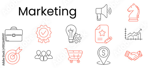 Marketing set icon. Outline pictograms, briefcase, badge check, bulb gear, megaphone, chess knight, document star, line chart, target arrow, team group, shopping cart, money pin, handshake.