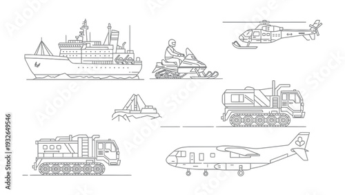 Transportation Line Art: A collection of various modes of transportation illustrated in clean, precise lines, showcasing vehicles for land, sea, and air travel.