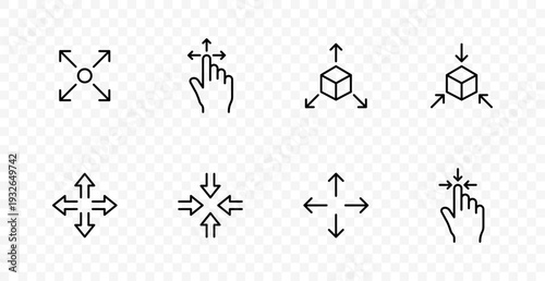 Direction move set icon. Expand arrows, touch gesture, object distribute, compress action, navigation control, resize symbol, interface movement
