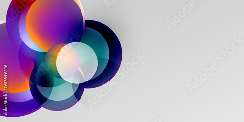Abstract circles overlap, creating vibrant color gradients. Background transitions from black to light gray. Modern design element.