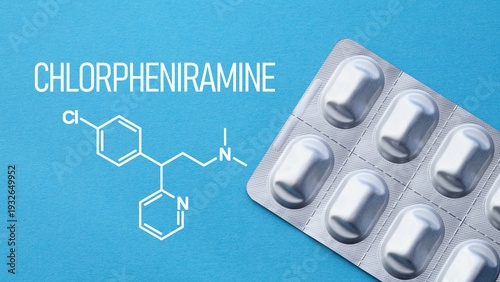 Tablou pe pânză Chlorpheniramine antihistamine medication concept with pills and packaging on cl
