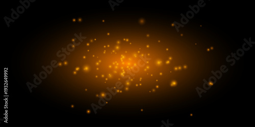 Bright glowing particles composition. Warm light dots, scattered embers, soft radiant center, dark gradient backdrop, fiery atmosphere, floating sparks, luminous glow texture, abstract energy field