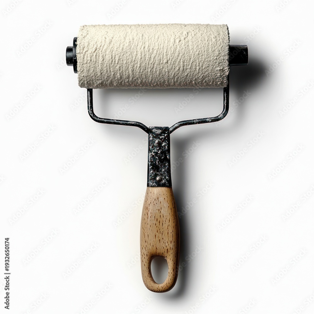 Obraz premium single textured paint roller with wooden handle and paint-splattered metal frame on white background, evoking practical readiness and minimalist utility