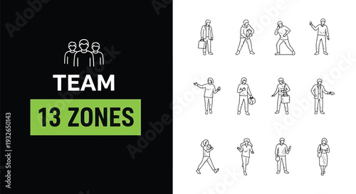 Team 13 zones illustration with various figures and logos