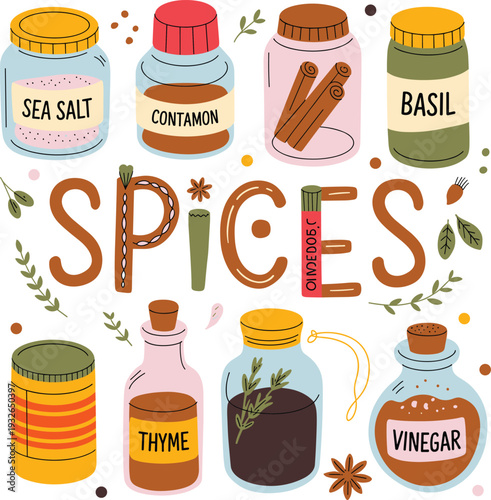 Hand drawn spices and seasonings vector illustration with jars basil cinnamon thyme vinegar sea salt kitchen ingredients collection