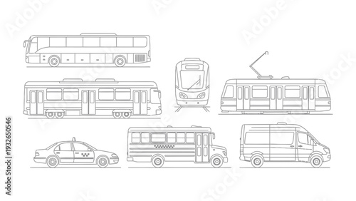 Urban Transit: An illustration of a variety of public transportation vehicles, including buses, trams, a taxi, and a minivan, showcasing the diversity of urban transit options. 