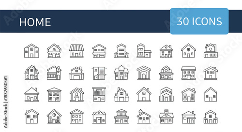 Collection of various house and building icons in simple line style for design and architectural use