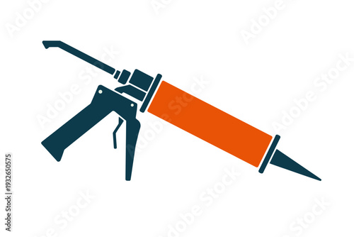 A vector graphic illustration of a caulk gun with an orange tube on a white background