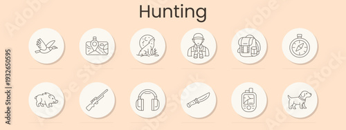 Hunting set icon. Flying bird, map navigation, wolf howl, ranger, equipment backpack, compass, boar, shotgun, headphones, knife, GPS device, dog, tracking, wilderness gear