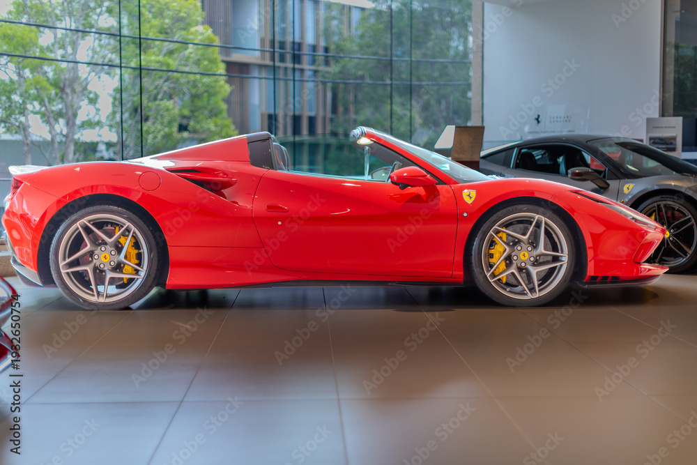 Obraz premium 2 March 2026 Italian Car beautiful Ferrari large mag wheels bright colours on show in Sydney NSW Australia