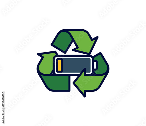 A vector graphic illustration of a battery surrounded by a green recycling symbol on a white background