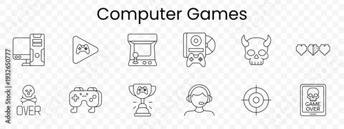 Computer games set icon. Outline gaming devices, desktop computer, play button, arcade machine, console, skull character, pixel hearts, gamepad dog, trophy, headset player, target sight