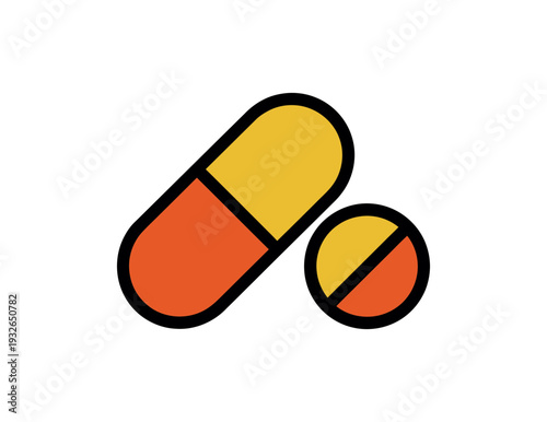A vector graphic illustration of two colorful pills on a white background