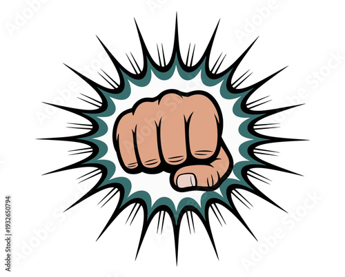 A cartoon-style clenched fist surrounded by a dynamic explosion of lines and shapes in a bold, comic book-inspired design.