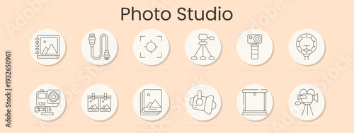 Photo studio set icon. Album, cable, focus frame, tripod, action camera, ring light, monitor, prints, gallery, reflector, backdrop, camcorder, photography, lighting, shooting