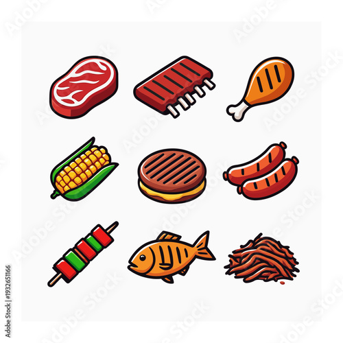 Grilling and BBQ Food Icons: Meats, Fish, and Corn