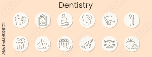 Dentistry set icon. Clean tooth, dental chart, mouthwash, cavity, chair, mirror, probe, happy tooth, pain, calendar check, toothpaste, brush, braces, apple, oral care