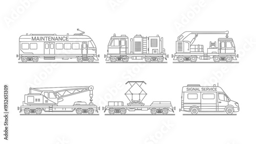 Diverse Train and Vehicle: A set of six meticulously detailed illustrations showcasing different train cars and a signal service vehicle, each serving unique industrial functions.