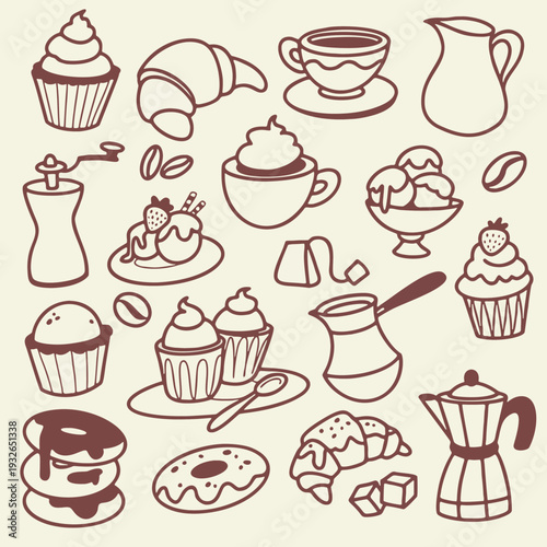 Whimsical coffee line art doodle sketch. Whimsy breakfast with coffee cup, machine, croissant, cafeteria food. Cafe vector set, breakfast, brunch, lunch menu drawings 